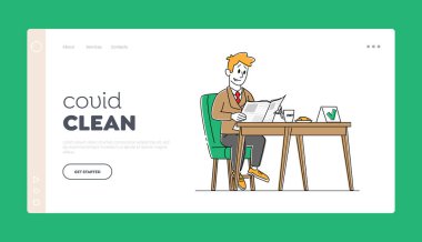 Coronavirus Önleme İniş Sayfa Şablonu. Dezenfekte olmuş Restoran Masasında oturan Erkek Karakter Kahve İçen