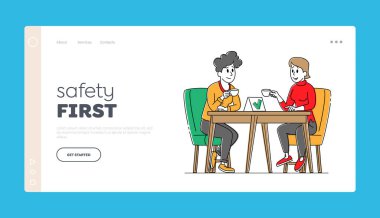 Coronavirus İniş Sayfa Şablonu. Kadın Karakterler Maske ve dezenfekte edici ile dezenfekte olmuş kafe masasında oturup kahve içerler.