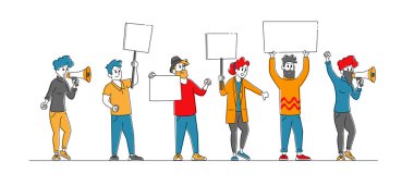 Pankartlı Kızgın İnsanlar Ralli Gösterisini Protesto Ediyor, Grev. Boş Pankartlar, Pankartlar ve İşaretler Tutulan Karakterler