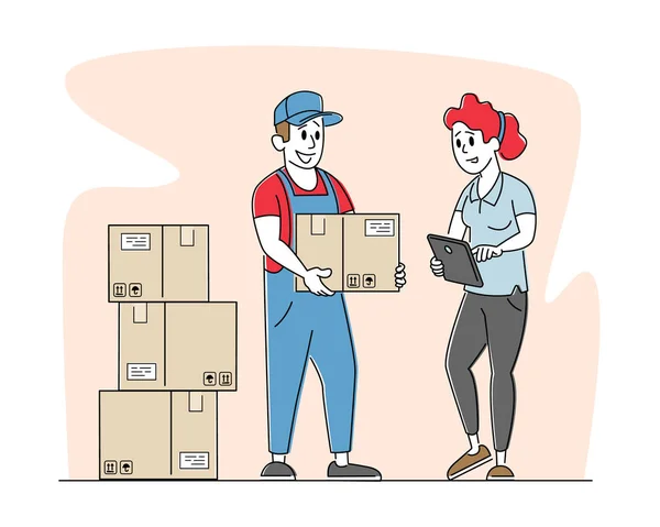 Απογραφή, Υπηρεσία Παράδοσης ή Διανομή Αποθήκης. Εργάτης που φέρνει εμπορεύματα σε κουτιά χαρτοκιβωτίων στην Αποθήκη. Ταχυδρομείο — Διανυσματικό Αρχείο