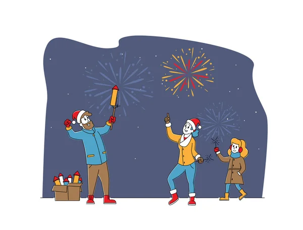 Happy Family Characters Mother, Father and Daughter Enjoying Fireworks Outdoor for Christmas or New Year Celebration — Stock Vector