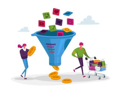 Dönüştürme Oranı İyimserleştirme. Tiny Characters with Shopping Trolley and Money at Big Sales Funnel. Dijital Pazarlama