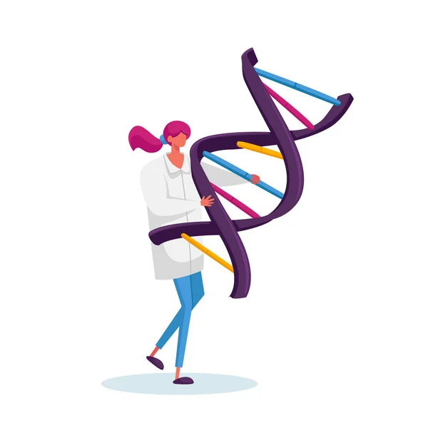 Tiny Female Character Carry Huge Human Dna Spiral Model. Doctor Conduct Laboratory Genetics Research Medicine Testing — Stock Vector