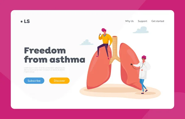 Astma Ziekte, Respiratoire, Pulmonologie Landing Page Template. . Doctor karakter met stethoscoop controleren van de longen — Stockvector