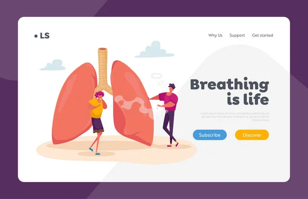 Pulmonologie Astma Ziekte, Respiratory System Health Landing Page Template. vrouwelijk karakter hoesten in de buurt van enorme Longen — Stockvector