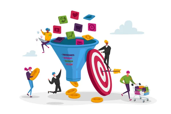 Funnel Pazarlama. Minik Karakterler Büyük Satış Hunisine Para Koyuyor. Dijital Pazarlama Öncü Üretim Stratejisi