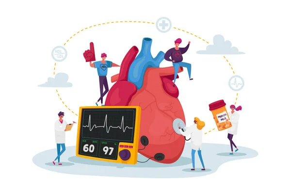 Personagens pequenos do doutor com drogas e equipamento no pulso humano enorme da medida do coração e no nível do colesterol para diagnosticar —  Vetores de Stock
