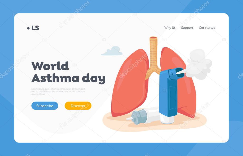 Asthma Disease Landing Page Template. Human Lungs and Inhaler. Chronic Sickness, Respiratory System Disease Treatment