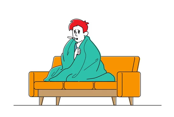Personnage Masculin Attrapé Concept Grippe Malheureux Malade Assis Sur Canapé — Image vectorielle