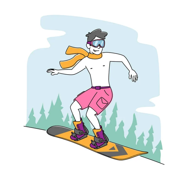 裸のトルソを持つ若い男性キャラクターと山の中でスノーボードに乗る 冬の時間に眼鏡やスカーフ硬化体を身に着けている男 健康的な生活 スポーツ リニアな人物ベクトルイラスト — ストックベクタ