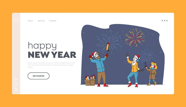 Happy Family Characters Genieten Van Feestdagen Vuurwerk Landing Page Template — Stockvector