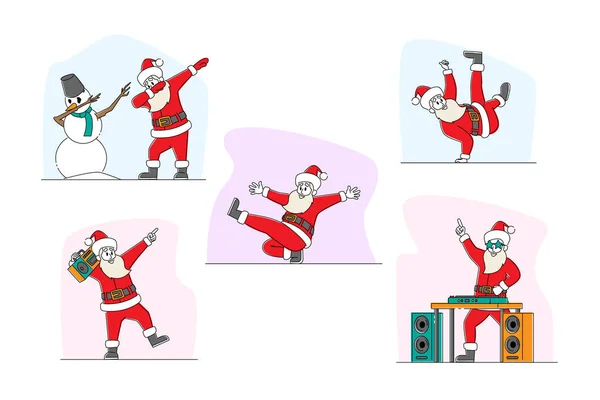 Set Funny Santa Claus Snowman Dancing Christmas Characters Dabbing Move — Stock Vector
