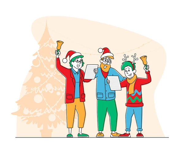 Felices Personajes Familiares Vestidos Con Sombreros Santa Claus Reno Cantando — Vector de stock