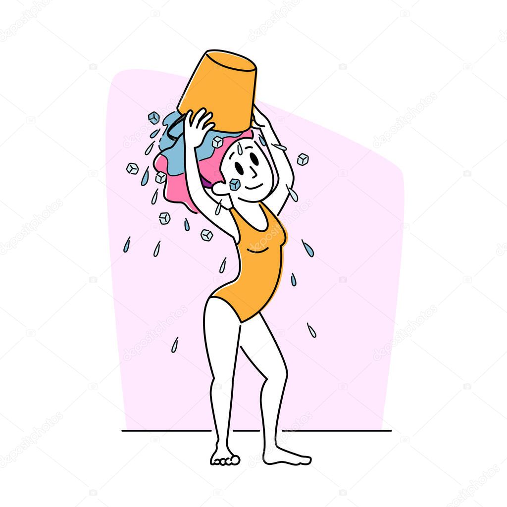 Woman in Swim Wear Pouring Ice Water Bucket on Head, Extreme Hardening Body. Young Female Character Getting Wet Outdoors Temper herself for Strong Immunity and Health. Linear Vector Illustration
