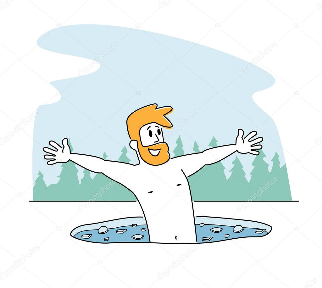 Male Character Swimming in Ice Hole in Winter Season. Man Temper, Take Part in Orthodox Church Holy Epiphany Day. Healthy Lifestyle Internet Challenge, Sports Activity. Linear Vector Illustration
