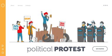 İnsanlar İniş Şablonunu Protesto Ediyor. Haklar ve Özgürlük İçin Savaşan Karakterler, Grevdeki Pankartlarla Protesto ya da Polis Kalkanlarıyla Gösteri Barikatları. Doğrusal Vektör İllüstrasyonu