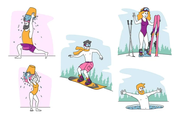 Ensemble Personnages Natation Tempérée Dans Trou Glace Ski Sans Vêtements — Image vectorielle