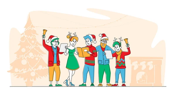 Personajes Navidad Santa Claus Sombreros Reno Cantando Villancicos Celebrando Libros — Vector de stock