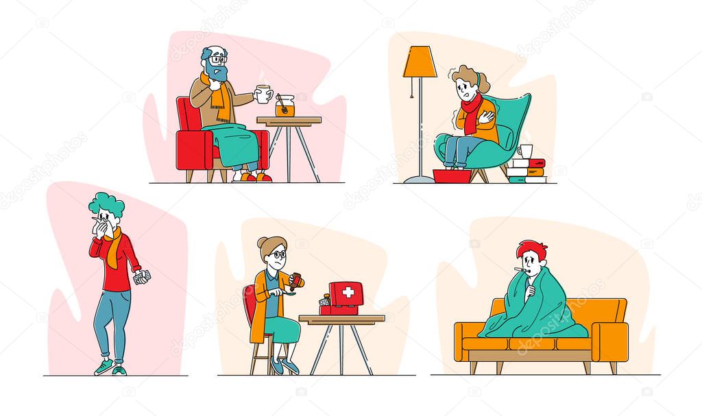 Set of Sick Characters Caught Flu. Unhappy Sick People Wrapped to Plaid Having Fever Measuring Temperature with Mouth Thermometer, Drinking Pills. Seasonal Disease Symptoms. Linear Vector Illustration