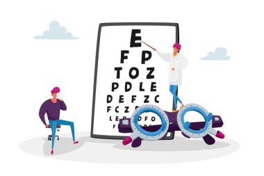 Göz Doktoru, Göz Gözlüğü Diopteri için Hasta Görme Kurumu 'nu kontrol et. Pointer Checkup 'ı olan göz doktoru erkek karakter. Profesyonel Optisyen Muayenesi. Çizgi film İnsanları Vektör İllüstrasyonu