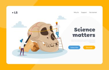 Paleolitik Araştırma İniş Şablonu. Antik Antropoloji Çalışan Karakterler. Neandertal ve Tarih Öncesi Tanıklıklar İçin Büyük İnsan Kafatasını Ölçen Küçük İnsanlar. Çizgi film Vektör İllüstrasyonu