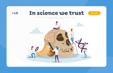 Antik Antropoloji İniş Sayfa Şablonu. Minik Karakterler Kemikler ve DNA sarmalı ile Dev İnsan Kafatasını Ölçer. Paleolitik Araştırma Eğitici Kültür Keşfi. Çizgi film İnsanları Vektör İllüstrasyonu