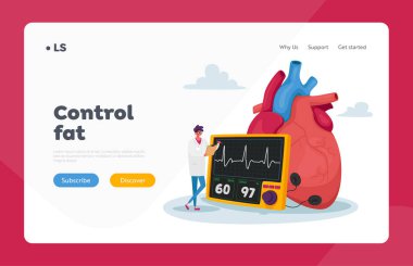 Kardiyoloji Tıp, Sağlık Hizmetleri İniş Şablonu. Minik Doktor Karakteri Dev İnsan Kalbi Ölçüm Seviyesi 'nde Cihaz, Teşhis veya Tedavi' de duruyor. Çizgi film İnsanları Vektör İllüstrasyonu