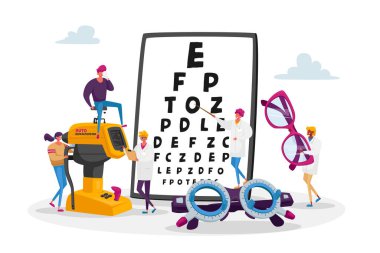 Görme Tedavisi için Profesyonel Optisyen Sınavı. Göz Hastalıkları Uzmanı Doktor Gözlüklü Diopter 'ı araştır. Pointer Check-up Göz Görme uzmanı. Çizgi film İnsanları Vektör İllüstrasyonu