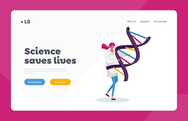 Laboratory Genetics Research Landing Page Template Drobná Ženská Postava Nese — Stockový vektor