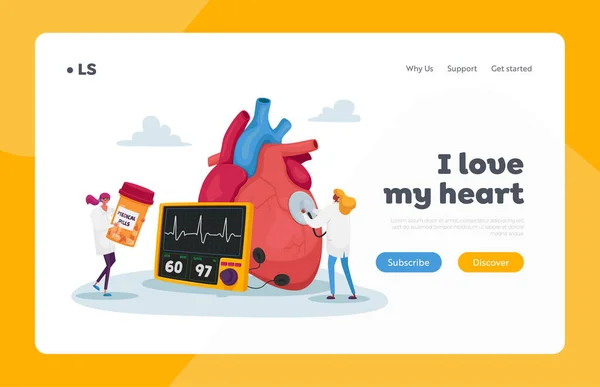 Cardiologie Gezondheid Geneeskunde Pillen Landing Page Template Kleine Doctor Karakters — Stockvector