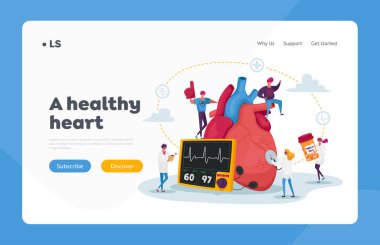 Kardiyoloji Sağlık Hizmetleri, Medicine Landing Page Şablonu. Dev İnsan Kalbi Ölçüm Nabzı ve Kolesterol Seviyesinde İlaç ve Ekipmanlı Küçük Doktor Karakterleri. Çizgi film İnsanları Vektör İllüstrasyonu