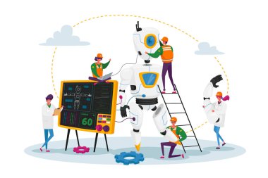 Engineers Characters Make and Programming Robot. Robotics Hardware and Software Engineering in Laboratory with Hi-Tech Equipment. Artificial Intelligence Technology. Cartoon People Vector Illustration clipart svg vector 