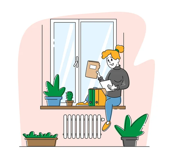 Local Trabalho Casa Atividade Trabalho Freelancer Woman Character Sitting Windowsill — Vetor de Stock