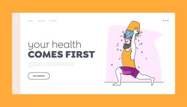 Erkek Karakter Huysuzluğu ya da İnternet Viral Meydan Okuma İniş Şablonu Desteği. Spordaki genç adam kafasına buz kovası dökerek aşırı sert bir vücut giyiyor. Doğrusal Vektör İllüstrasyonu