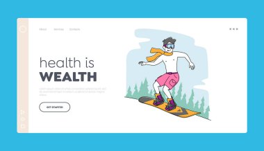 Sağlıklı Yaşam, Spor İniş Sayfa Şablonu. Çıplak Gövde ve Dağlarda Snowboard süren Kısa Şortlu Genç Erkek Karakter. Kış Zamanı Erkek Aşırı Sertleşen Vücut. Doğrusal İnsanlar Vektör İllüstrasyonu