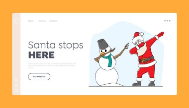 Xmas Kutlaması, Noel Baba ve Kardan Adam 'ın İniş Sayfası Şablonu. Kırmızı Kostümlü Komik Adam Dab Disko Dansı. Noel Karakterleri Partide Modern Dans Ediyor. Doğrusal Vektör İllüstrasyonu