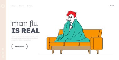 Erkek Karakteri Grip İniş Sayfası Şablonuna Yakalandı. Hasta Adam, Ağız Termometresiyle Ateşini Ölçen Ekoseye Sarılı Kanepeye Oturur. Mevsimsel Hastalık Sağlık Hizmetleri. Doğrusal Vektör İllüstrasyonu