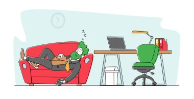 Çok çalışan yorgun işçi, ofis masasının yanındaki koltukta uyuyan iş karakteri. Tembellik, Duygusallık, Çalışan Uyuyan Çalışanlar ve Akıllı Telefon. Doğrusal İnsanlar Vektör İllüstrasyonu