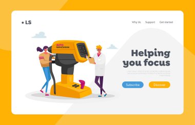 Görüş Odak Düzeltme İniş Şablonu. Oftalmolog Doktor Karakter Testi Hasta Gözü Otomatik Refraktometre 'de. Göz Doktoru Optimetri, Tıbbi Tedavi. Çizgi film İnsanları Vektör İllüstrasyonu