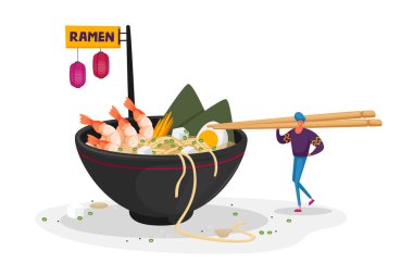Çin Fast Food Lokantasında Ramen Eriştesiyle Bowl 'da Bekleyen Adam Ahşap Çubukları. Asya Kafe 'de Erkek Karakteri, Geleneksel Fast food Öğle Yemeği. Çizgi film Vektör İllüstrasyonu