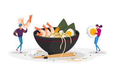 Çin Gıda Konsepti. Minik Karakterler, Ramen Erişteli Büyük Kâse 'ye Malzemeleri Getirir. Geleneksel Asya fast food restoranında yemek yiyen kadın ve erkek. Çizgi film İnsanları Vektör İllüstrasyonu