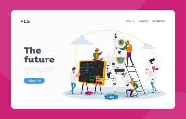 Mühendislerin Karakterleri Robot İniş Sayfası Şablonu Yapıyor ve Programlıyor. Yüksek Teknoloji, Yapay Zeka ile Robotik Donanım ve Yazılım Mühendisliği. Çizgi film İnsanları Vektör İllüstrasyonu
