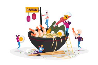 Minik Erkek ve Kadın Karakterler Ramen ve Makarna Pişiriyor ve Yiyiyor, İnsanlar Erişte, Karides ve Yumurta ve Pour Sosu ile Büyük Kaseye Katkı Alıyor. Asya yemekleri, yemek çubukları. Çizgi film Vektör İllüstrasyonu