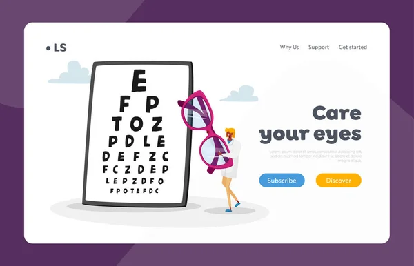 Eyes Diseases Treatment Diagnostics Landing Page Template Tiny Female Doctor — Vector de stock
