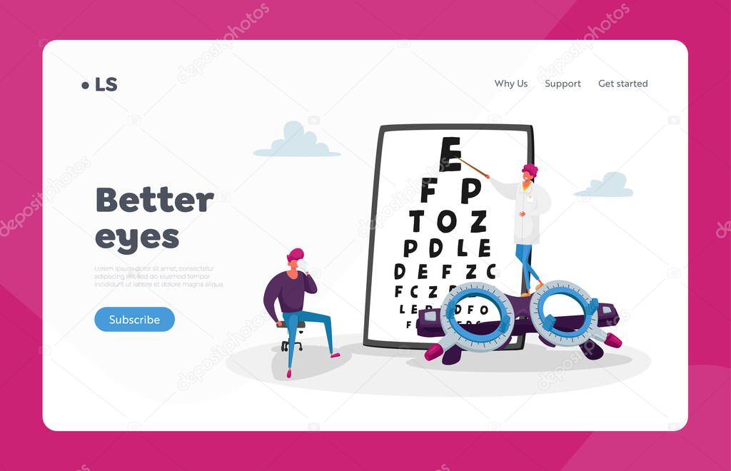 Optician Exam Landing Page Template. Ophthalmologist Doctor Check Up Patient Eyesight for Eyeglasses Diopter. Oculist Male Character with Pointer Checkup Eye Sight. Cartoon People Vector Illustration