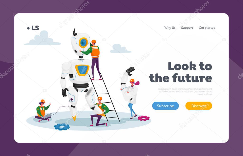 Robotics Hardware and Software Science Engineering Landing Page Template. Engineers Scientists Tiny Characters Make and Programming Huge Robot in Science Laboratory. Cartoon People Vector Illustration