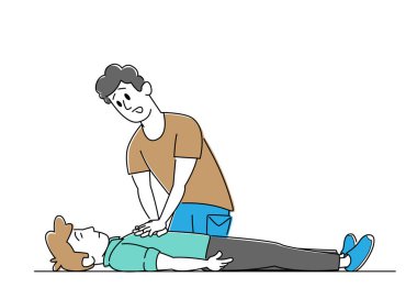 Yerde yatan bir adama kalp masajı yapan bir erkek karakteri. Kalp masajı ilk yardım, hemşirelik eğitimi, kardiyopulmoner resüsitasyon, tıbbi bakım. Doğrusal İnsanlar Vektör İllüstrasyonu