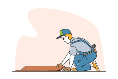 Laminate Döşeme Servisi. Yerdeki Laminate Parçalarına Uyan Aletleri olan İşçi Karakteri. Ev işi, tamirat işi. Ev Yenileme ve Marangozluk İşleri. Doğrusal Vektör İllüstrasyonu