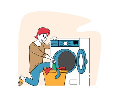 Çamaşırhanedeki Kadın Karakteri Çamaşır makinesine Temiz Giysileri Sepet Yükleme ve Kirli Giysileri Yükleme Endüstriyel ya da İç Çamaşır Yıkama, Temizlik Hizmetleri. Doğrusal Vektör İllüstrasyonu