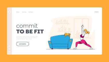 Yoga, Spor ve Aktif Sağlıklı Yaşam İniş Sayfa Şablonu. Slim Figure in Sports Wear Stretching Training 'deki kadın. Eller Yukarı Kalkıyor Kadın Karakter Hareketi. Doğrusal Vektör İllüstrasyonu.